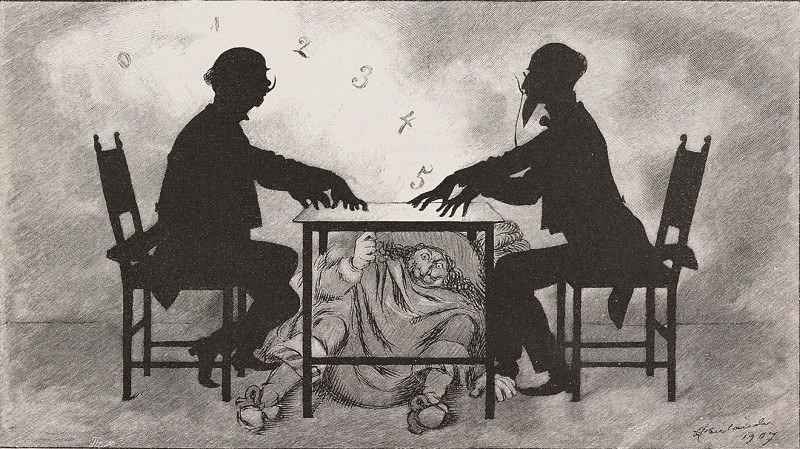 Мужчины узнают у&nbsp;вызванного духа выигрышные номера лотереи. Карикатура из&nbsp;журнала Fliegende Blätter, № 3219. 1907&nbsp;год&nbsp;Biblioteca Ambrosiana / Diomedia